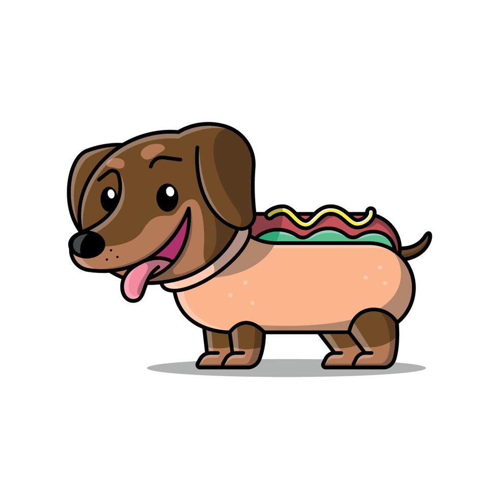 schattig teckel hond is vervelend een hotdog kostuum vector