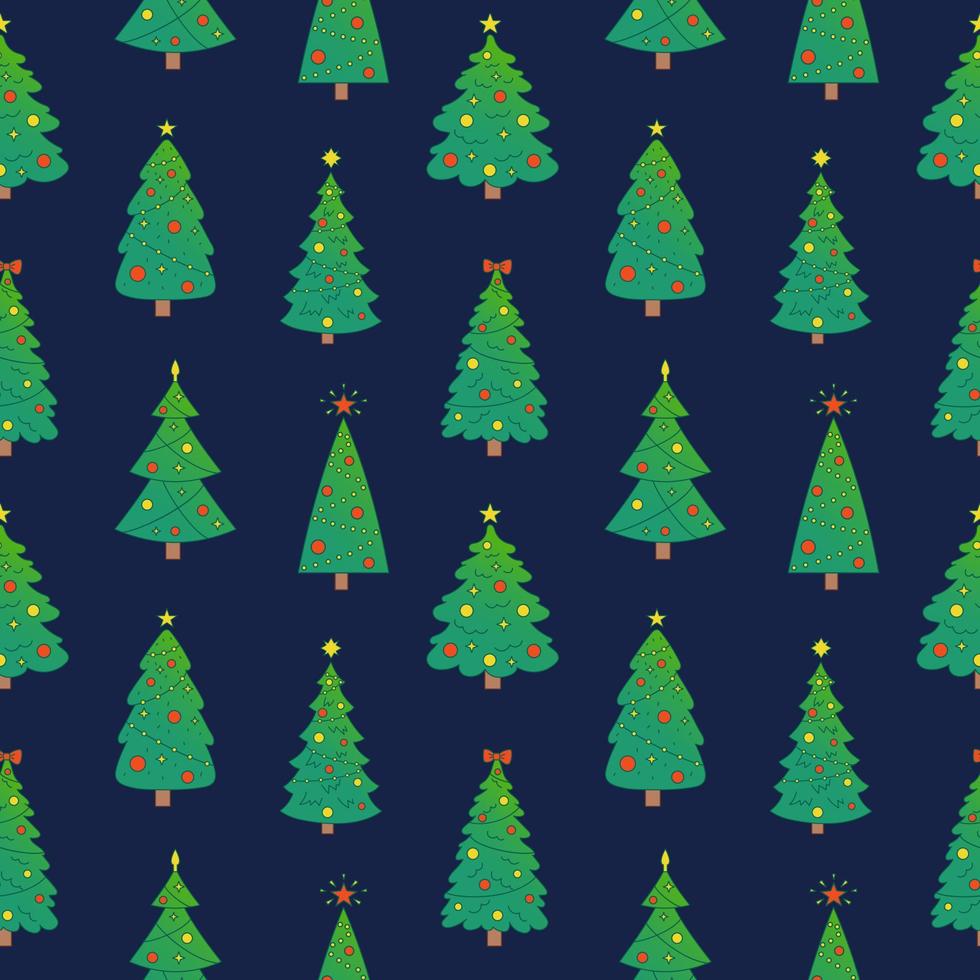 vector naadloos patroon met Kerstmis bomen. schattig nieuw jaar patroon Aan donker blauw achtergrond. schattig Spar bomen.