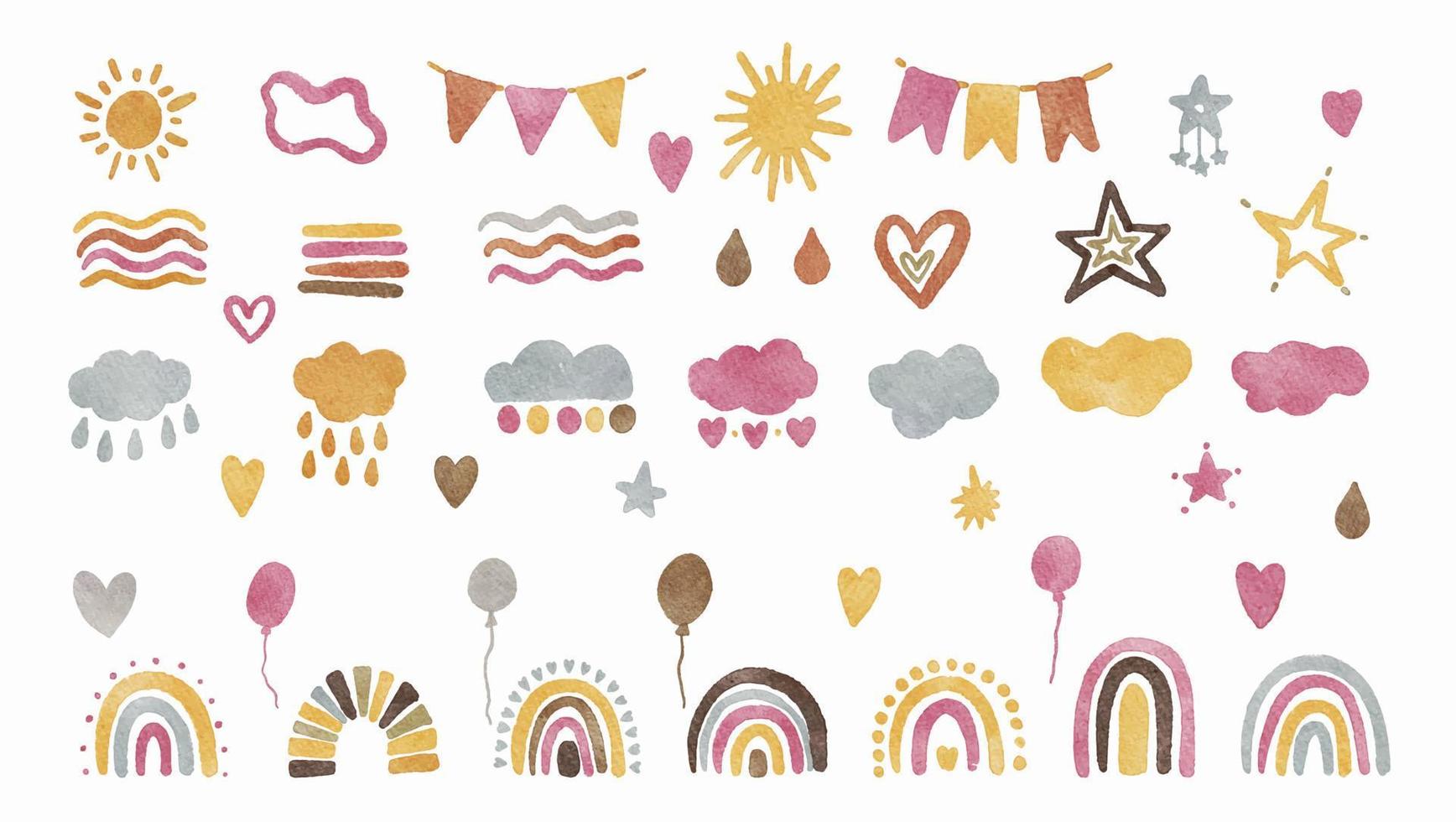 reeks van stickers regenboog, hart, ster, ballon, wolk waterverf illustratie Aan wit achtergrond. vector