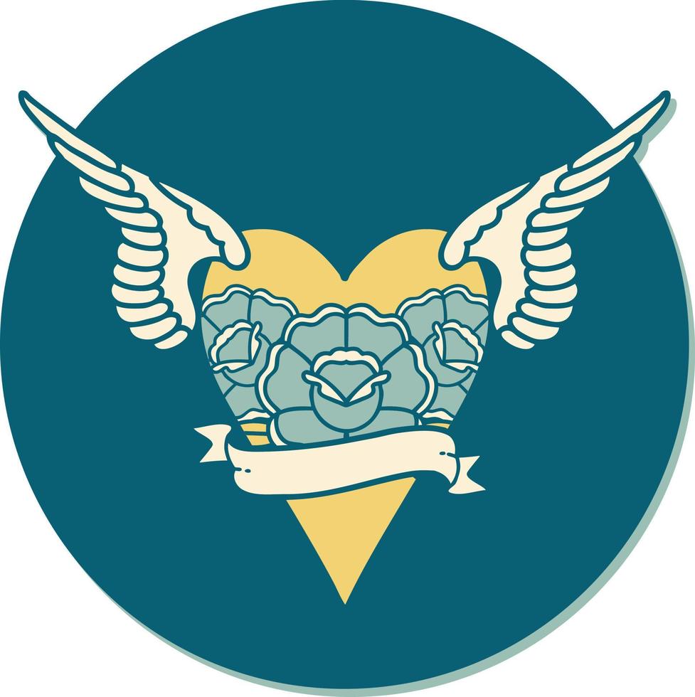 sticker van tatoeëren in traditioneel stijl van een hart met Vleugels en banier vector