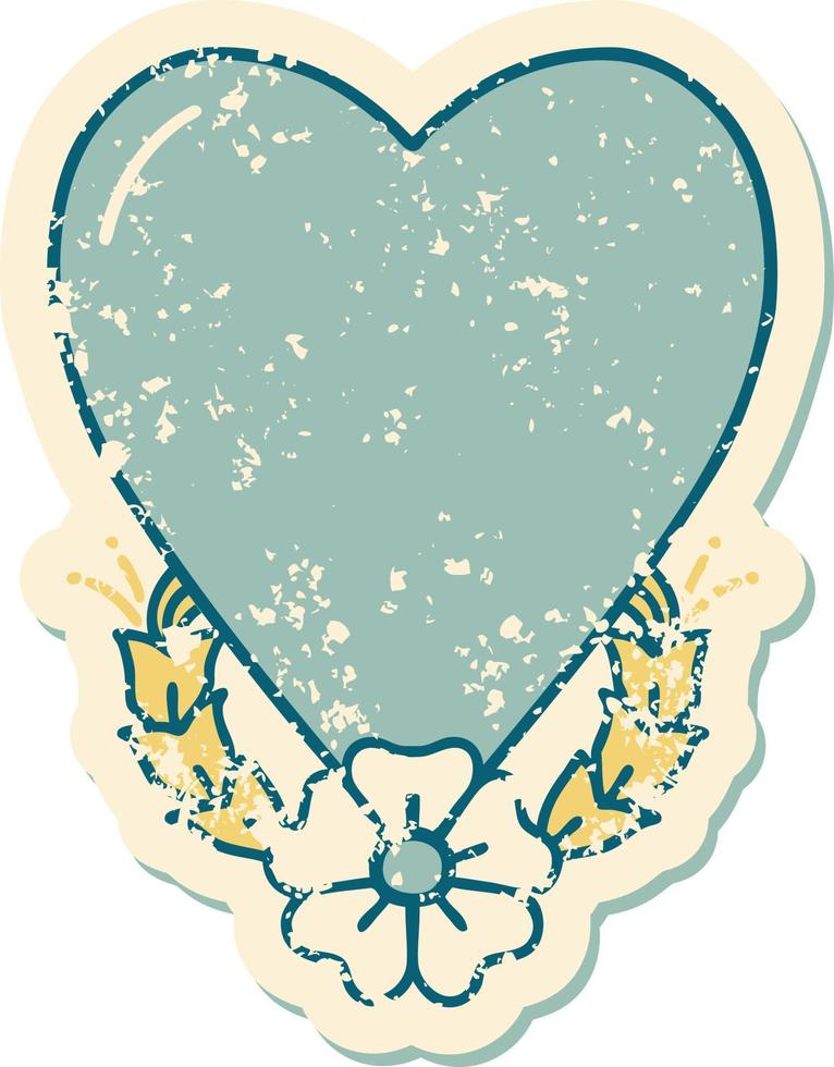 iconisch verontrust sticker tatoeëren stijl beeld van een hart en bloem vector