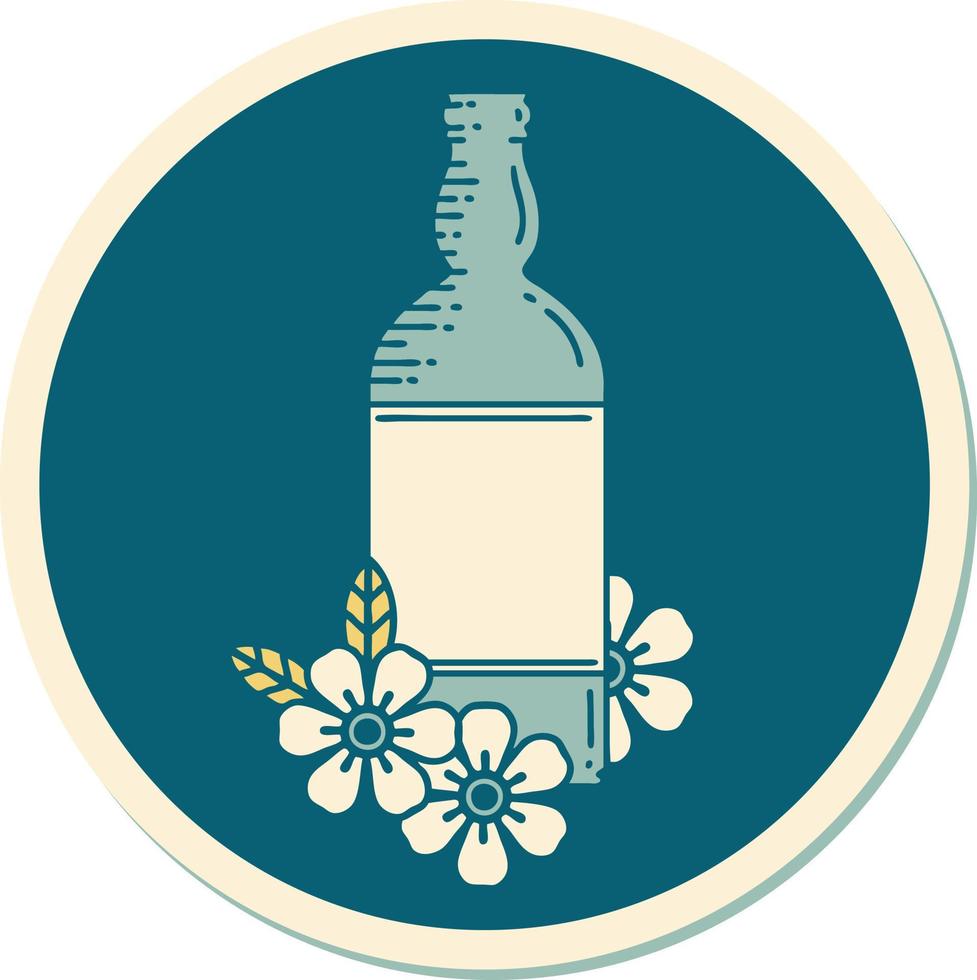 sticker van tatoeëren in traditioneel stijl van een rum fles en bloemen vector