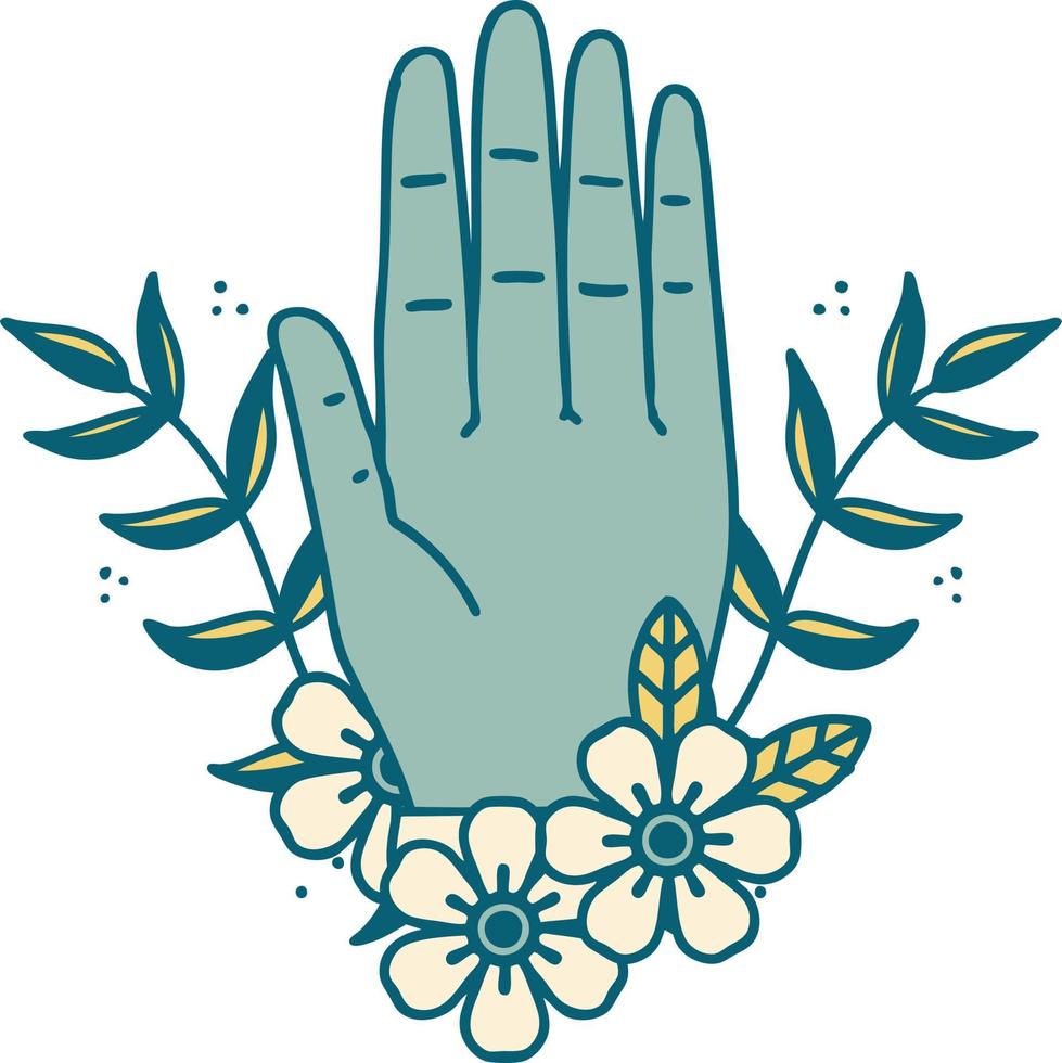 iconisch tatoeëren stijl beeld van een hand- en bloem vector