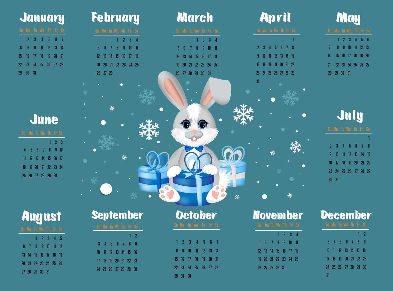 kalender 2023 met symbool van de jaar haas of konijn. week begint Aan zondag. vector