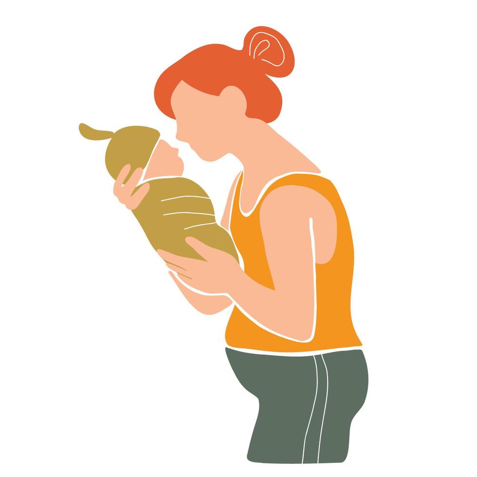moeder Holding haar pasgeboren baby binnenkort na geven geboorte. hand- getrokken vector illustratie in abstract minimaal stijl