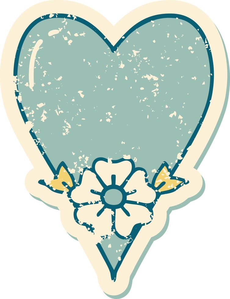 iconisch verontrust sticker tatoeëren stijl beeld van een hart en bloem vector