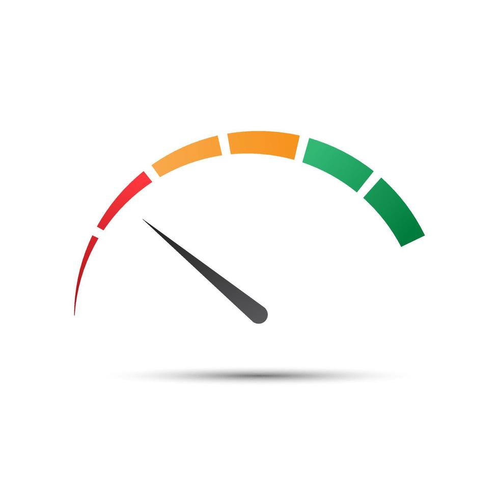 gemakkelijk kleur snelheidsmeter met een wijzer in de minimum rood een deel, snelheidsmeter en prestatie meting icoon, vector illustratie voor uw website, infographic en apps