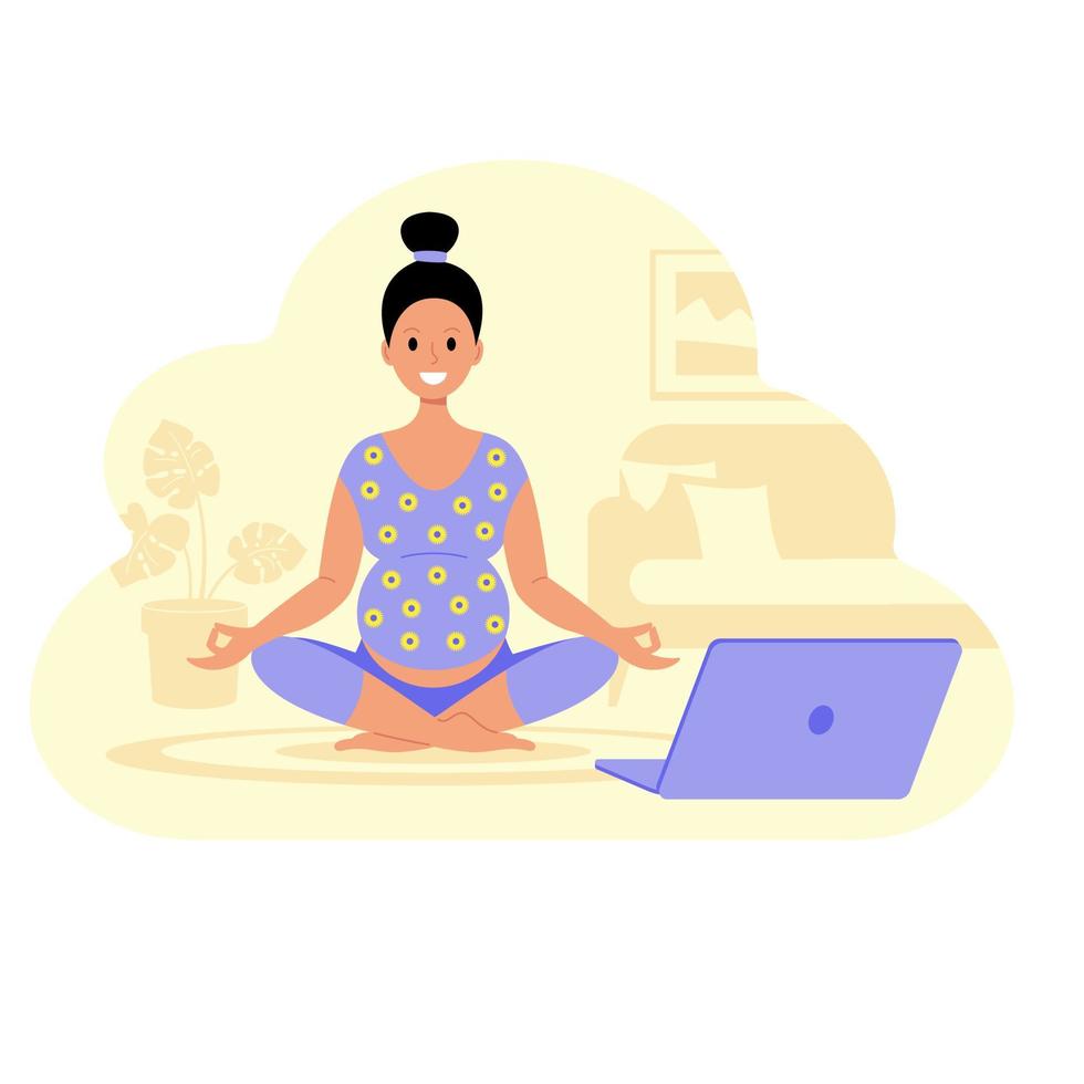 zwanger vrouw praktijken yoga Bij huis online, laptop. vector voorraad illustratie.