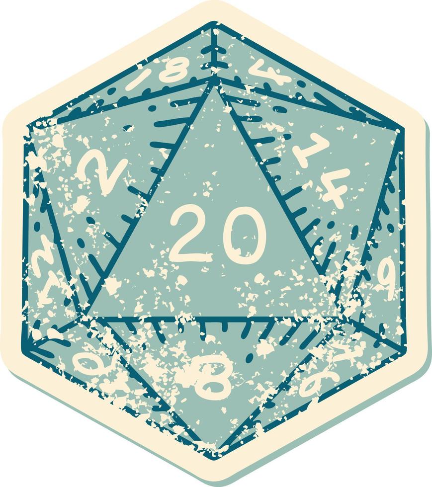 verontrust sticker tatoeëren stijl icoon van een d20 Dobbelsteen vector