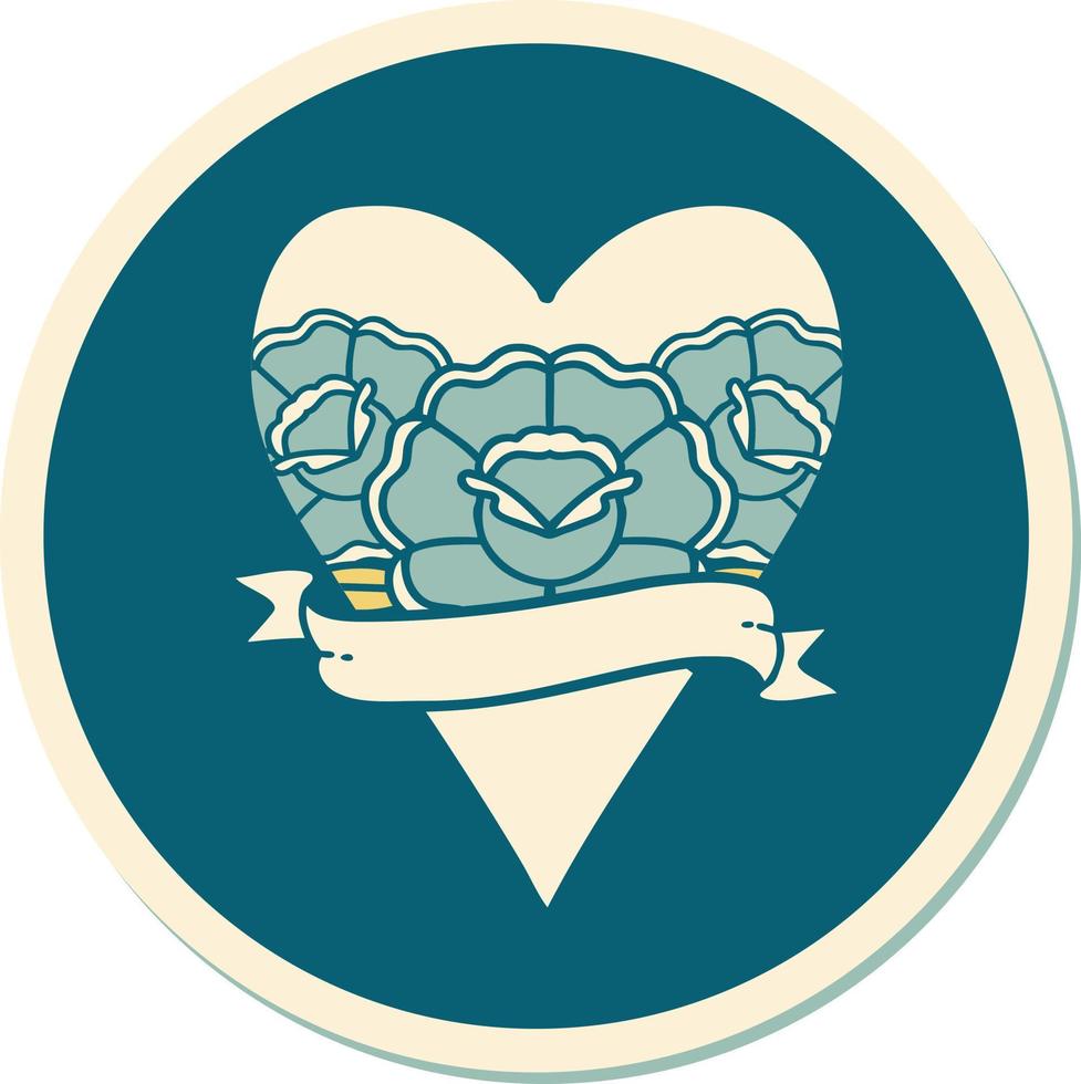 tatoeëren stijl sticker van een hart en banier met bloemen vector