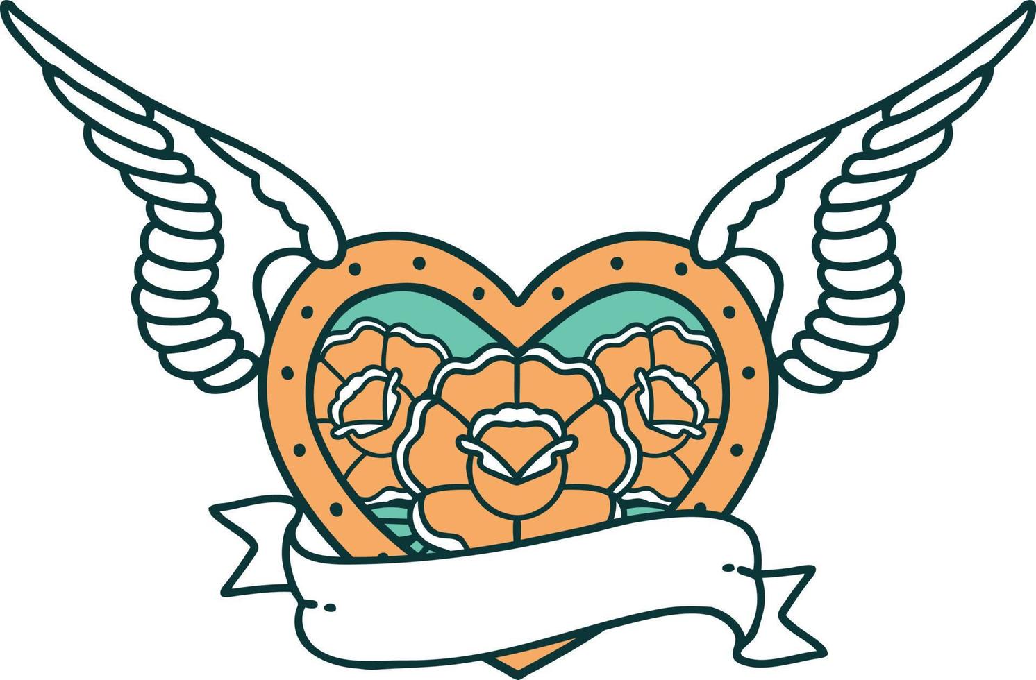 tatoeëren stijl icoon van een vliegend hart met bloemen en banier vector