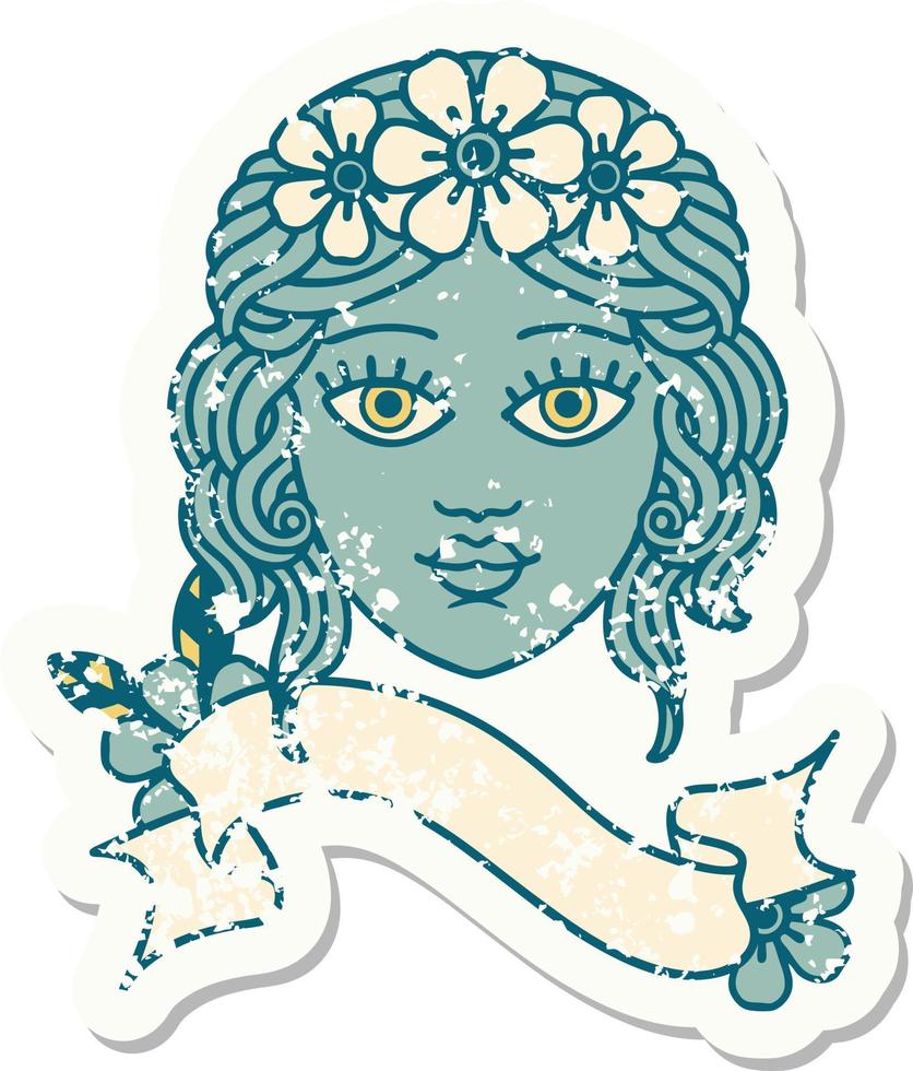 grunge sticker met banier van vrouw gezicht met kroon van bloemen vector