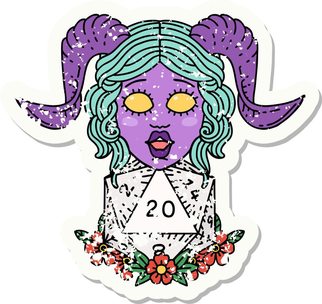 tiefling met natuurlijk twintig Dobbelsteen rollen grunge sticker vector