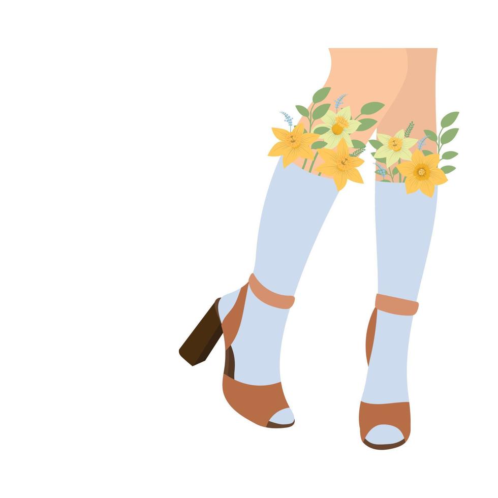 vrouw poten in sandalen en sokken met bloemen vector