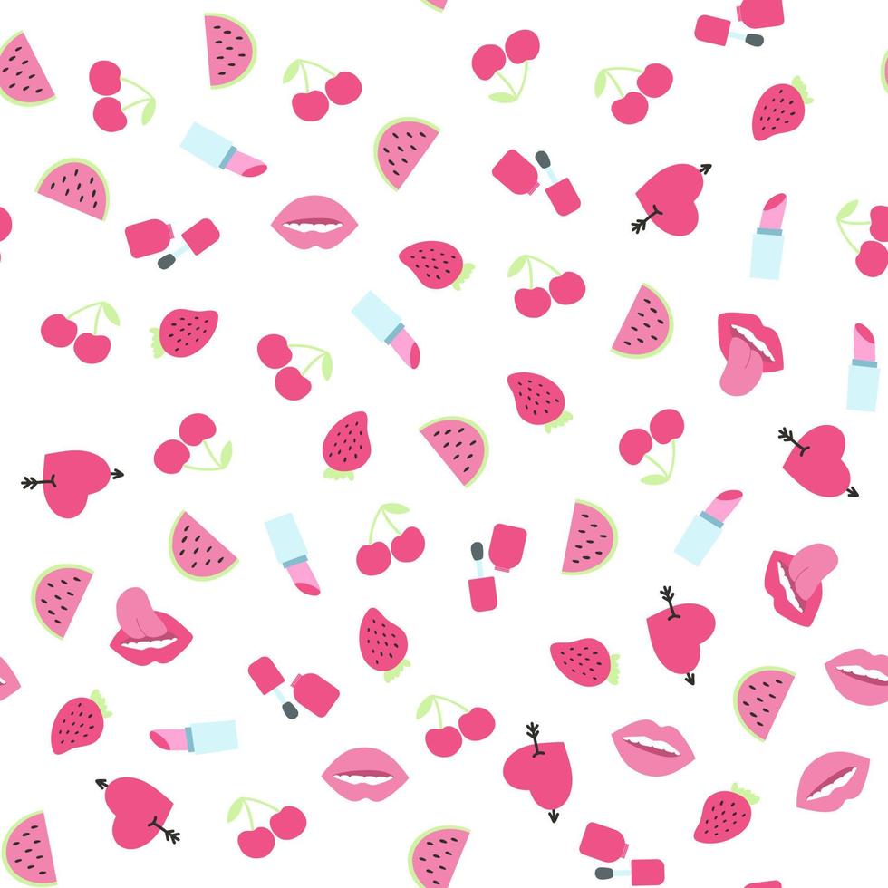 naadloos patroon met hart, lippen, kers, lippenstift, aardbei, nagel Pools in Jaren 80 Jaren 90 stijl. vector retro achtergrond met knal meisjesachtig stickers in roze kleur