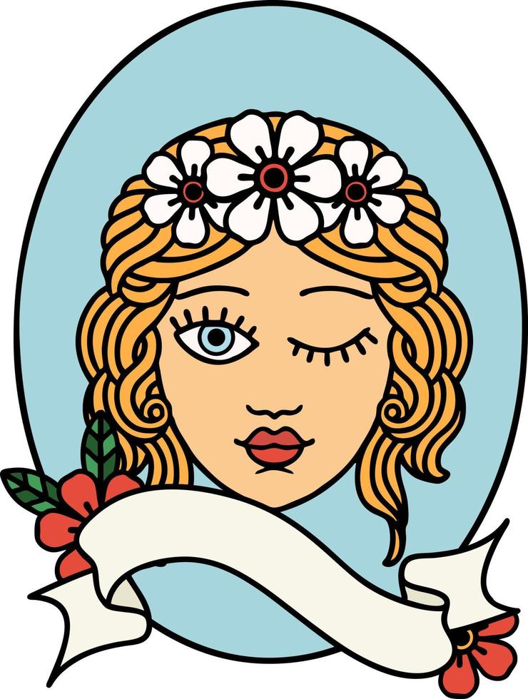 traditioneel tatoeëren met banier van een meisje met kroon van bloemen knipogen vector