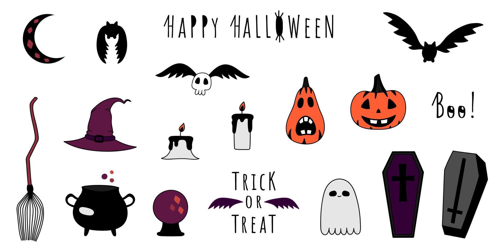 gelukkig halloween doodles geïsoleerd set. hand- getrokken vleermuizen, pompoenen, geest, schedel, kaarsen, doodskisten. spookachtig vector illustratie