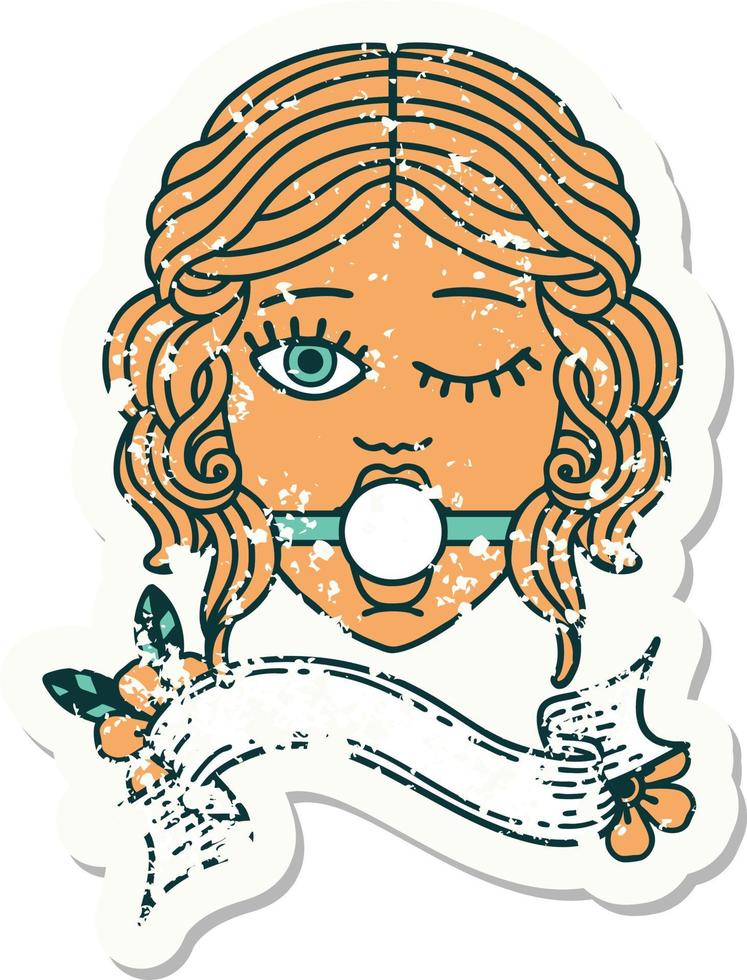 versleten oud sticker met banier van een knipogen vrouw gezicht vervelend bal grap vector