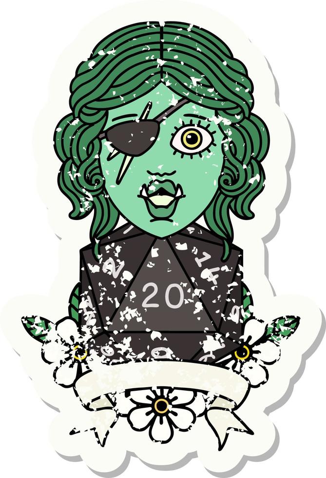 grunge sticker van een voor de helft orc schurk karakter met natuurlijk twintig Dobbelsteen rollen vector