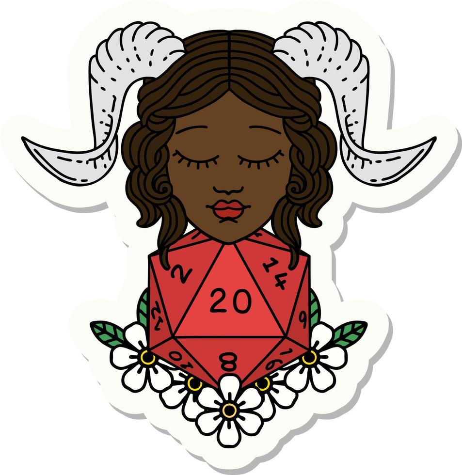 sticker van een tiefling met natuurlijk 20 d20 Dobbelsteen rollen vector