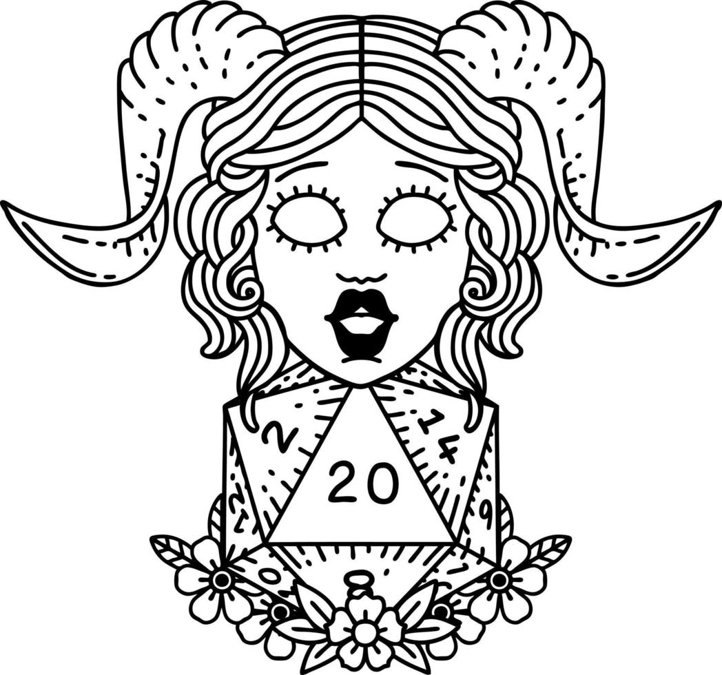 zwart en wit tatoeëren band werk stijl tiefling met natuurlijk twintig Dobbelsteen rollen vector