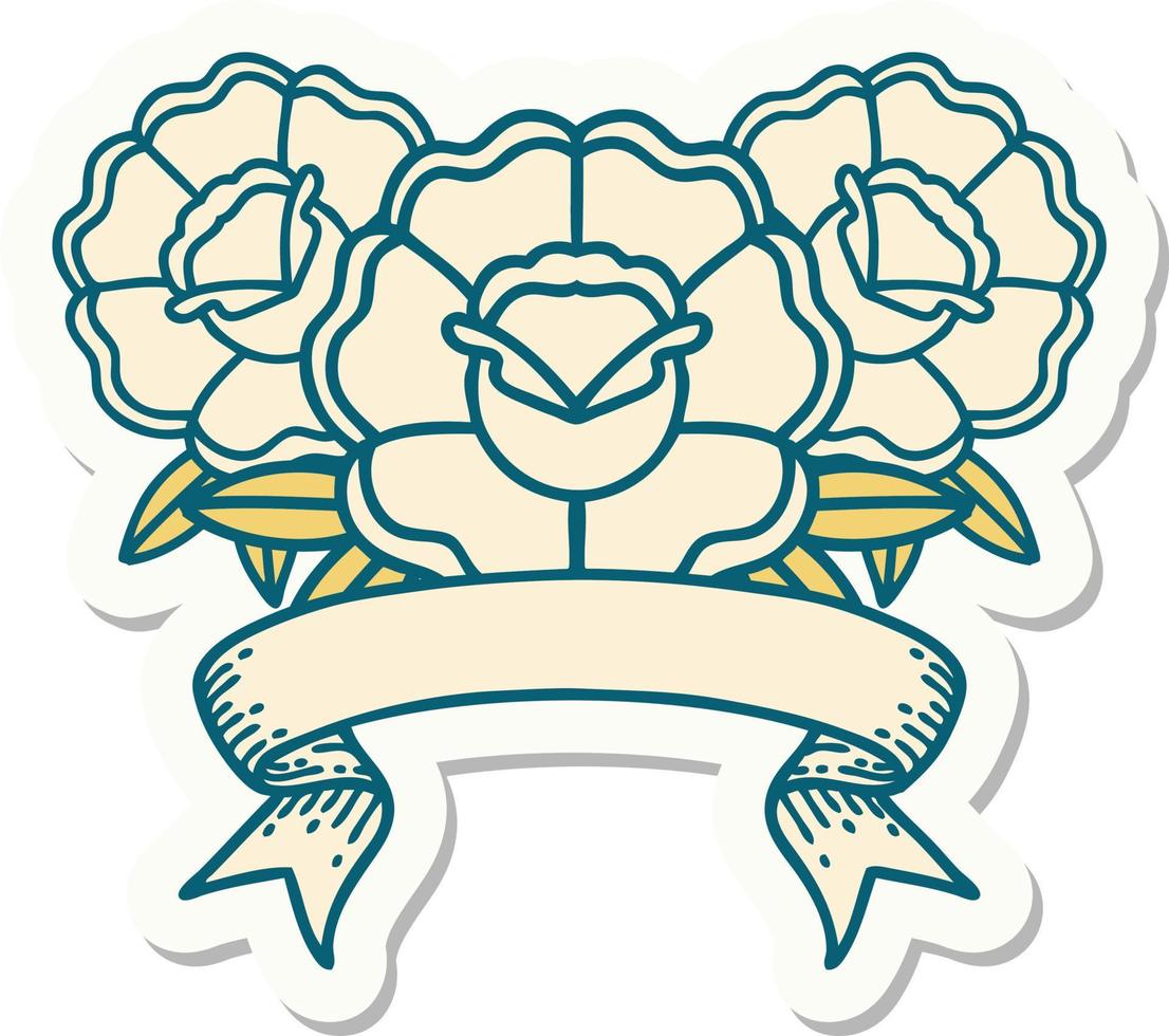 tatoeëren stijl sticker met banier van een boeket van bloemen vector