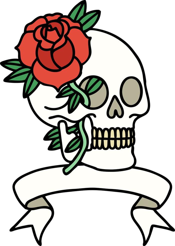 traditioneel tatoeëren met banier van een schedel en roos vector
