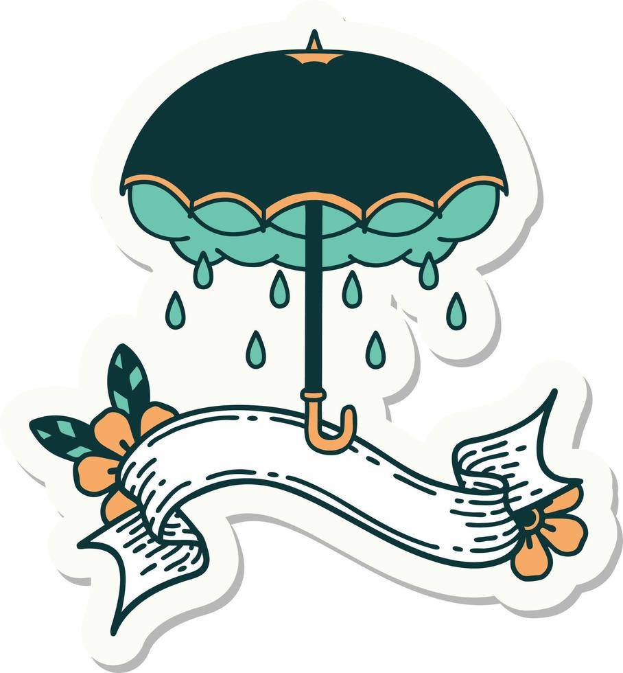 tatoeëren sticker met banier van een paraplu en storm wolk vector