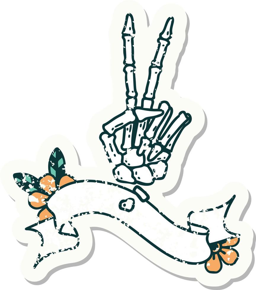 grunge sticker met banier van een skelet hand- geven een vrede teken vector