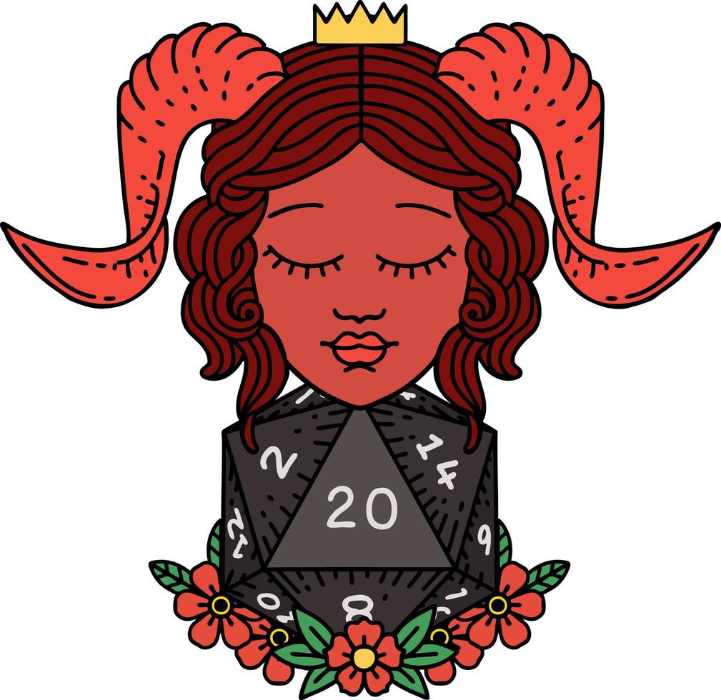 tiefling met natuurlijk twintig d20 Dobbelsteen rollen illustratie vector