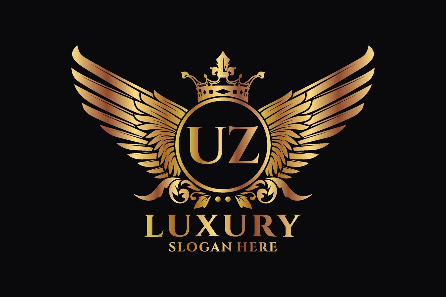 luxe Koninklijk vleugel brief uz kam goud kleur logo vector, zege logo, kam logo, vleugel logo, vector logo sjabloon.