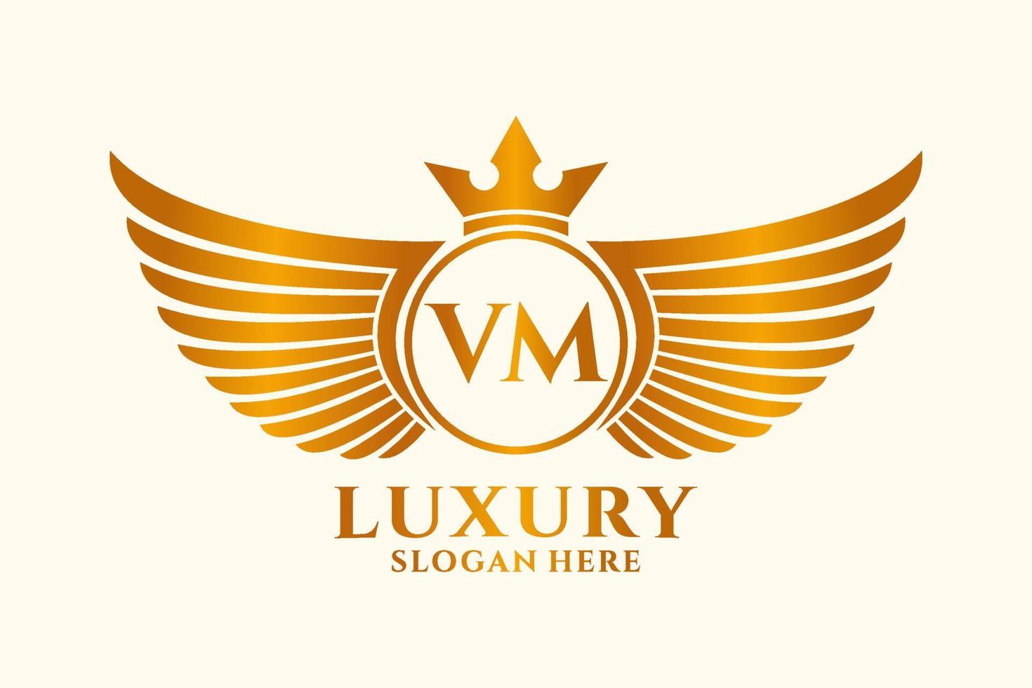 luxe Koninklijk vleugel brief vm kam goud kleur logo vector, zege logo, kam logo, vleugel logo, vector logo sjabloon.