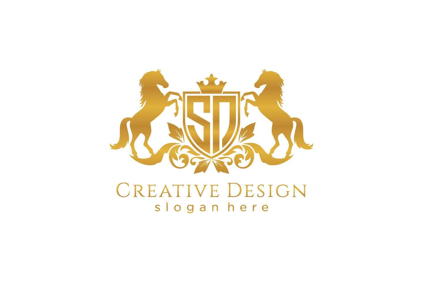 eerste sn retro gouden kam met schild en twee paarden, insigne sjabloon met scrollt en Koninklijk kroon - perfect voor luxueus branding projecten vector