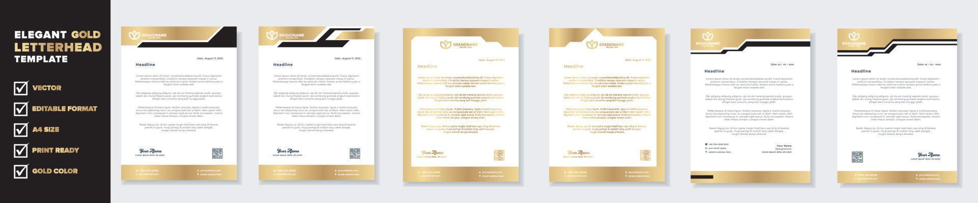 luxe gouden briefhoofd ontwerp sjabloon voor stationair voor bedrijf corporatie bewerkbare formaat eps10 vector