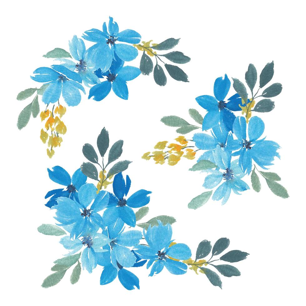 blauwe bloemblaadje aquarel bloemen boeket set vector