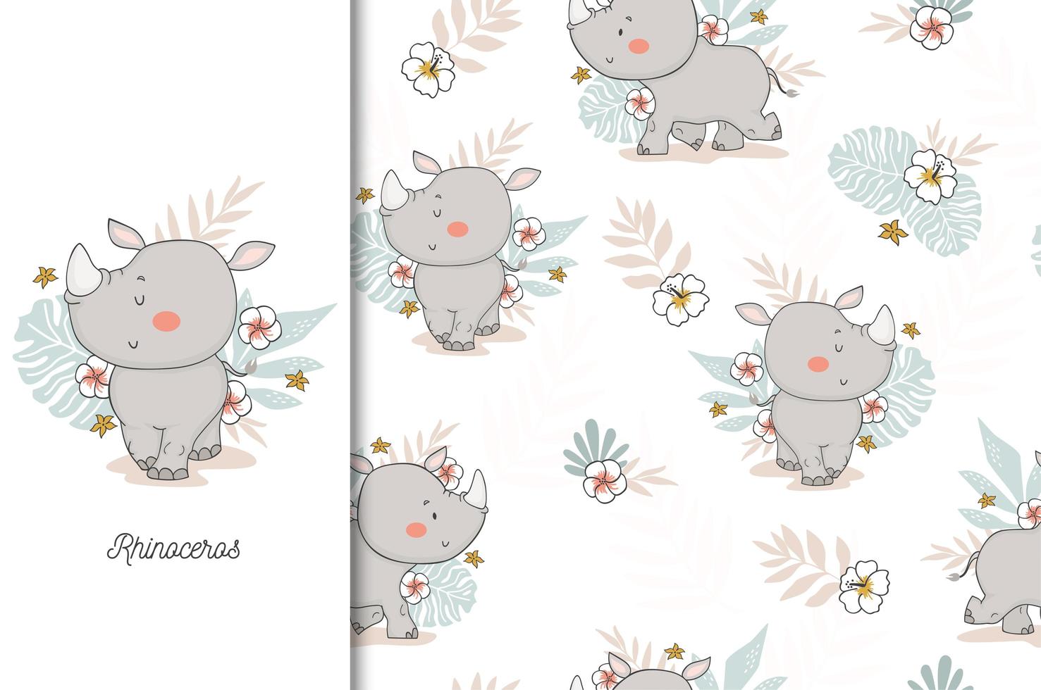 neushoorn baby met florale achtergrond vector