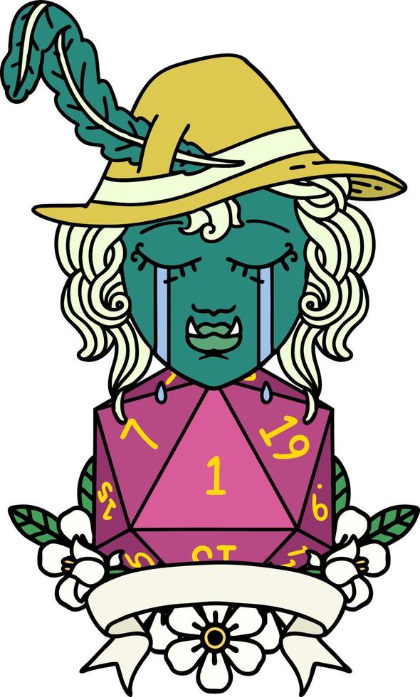 huilen orc bard karakter met natuurlijk een d20 rollen illustratie vector