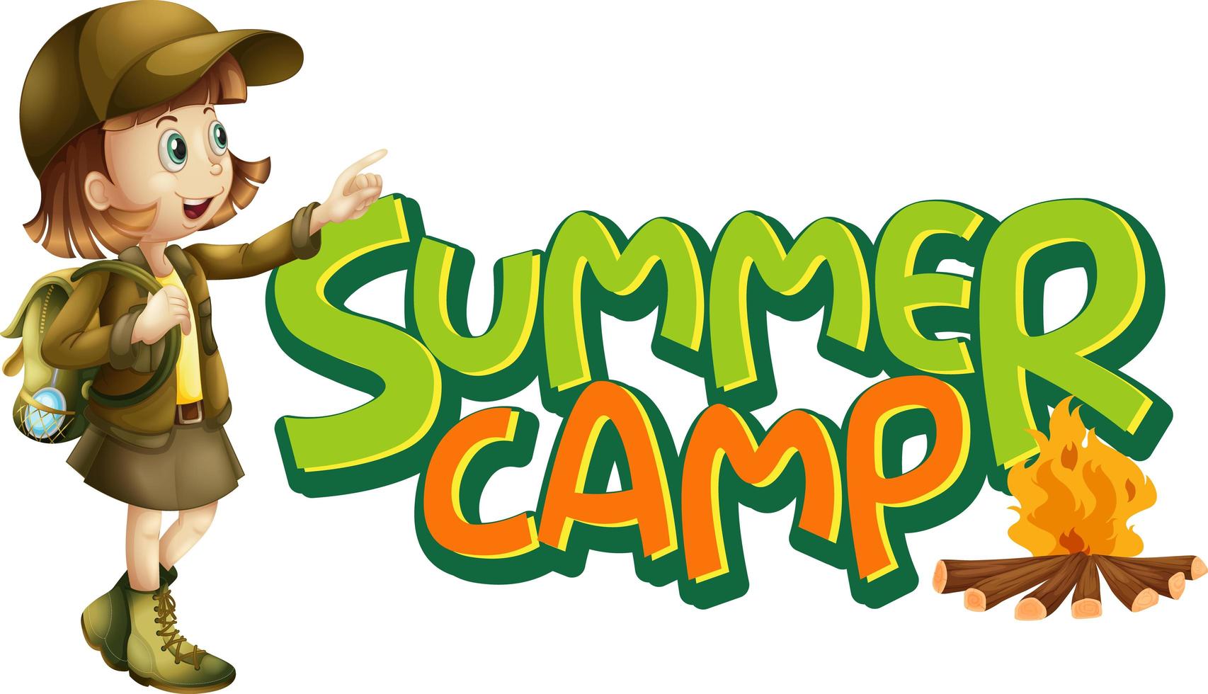 lettertype ontwerp voor woord zomerkamp met meisje en kampvuur vector