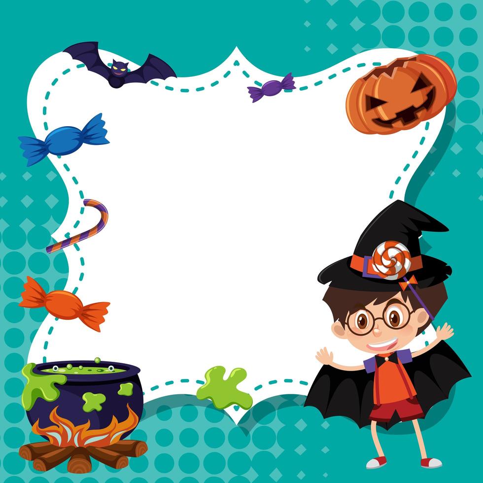 frame sjabloonontwerp met jongen in halloween kostuum vector