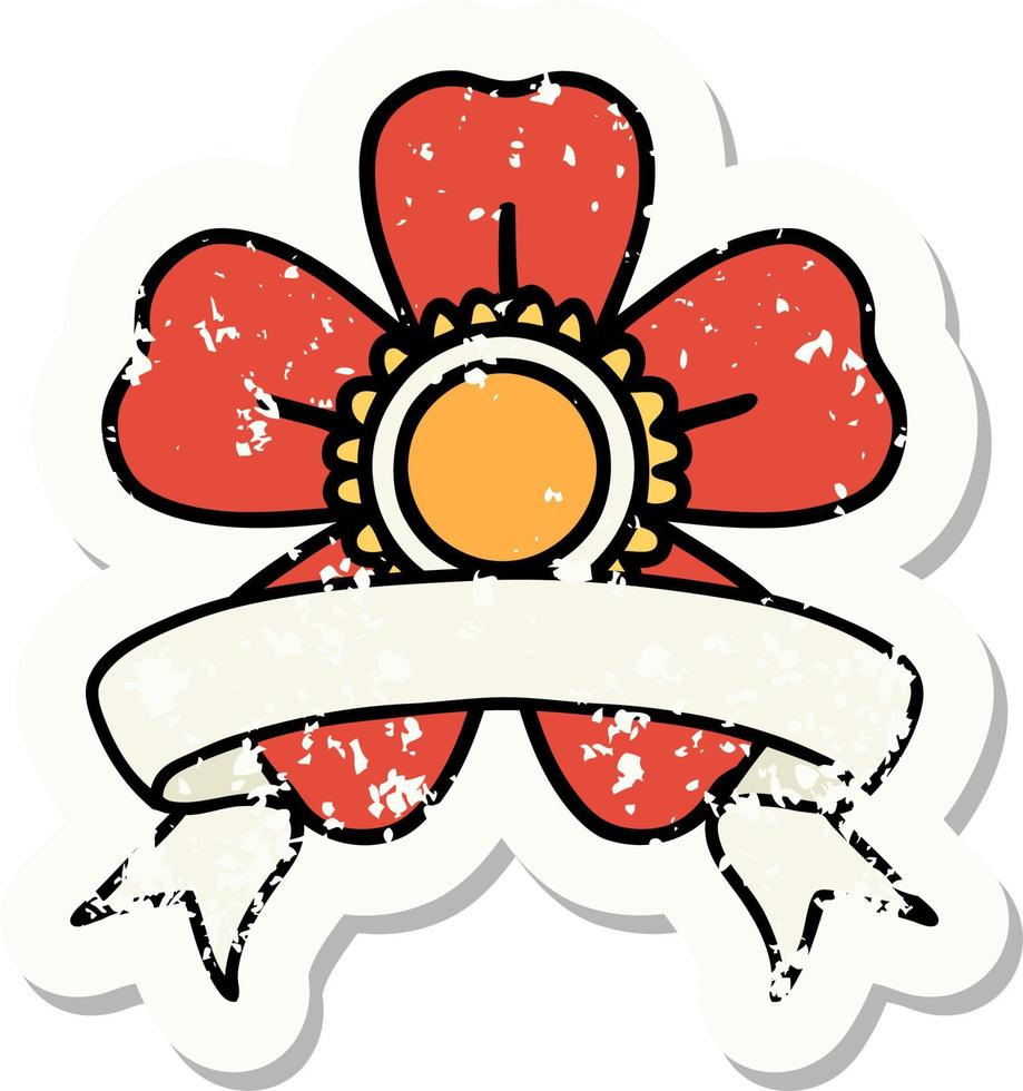 grunge sticker met banier van een bloem vector