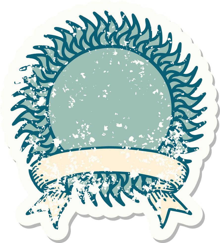 grunge sticker met banier van een zon vector