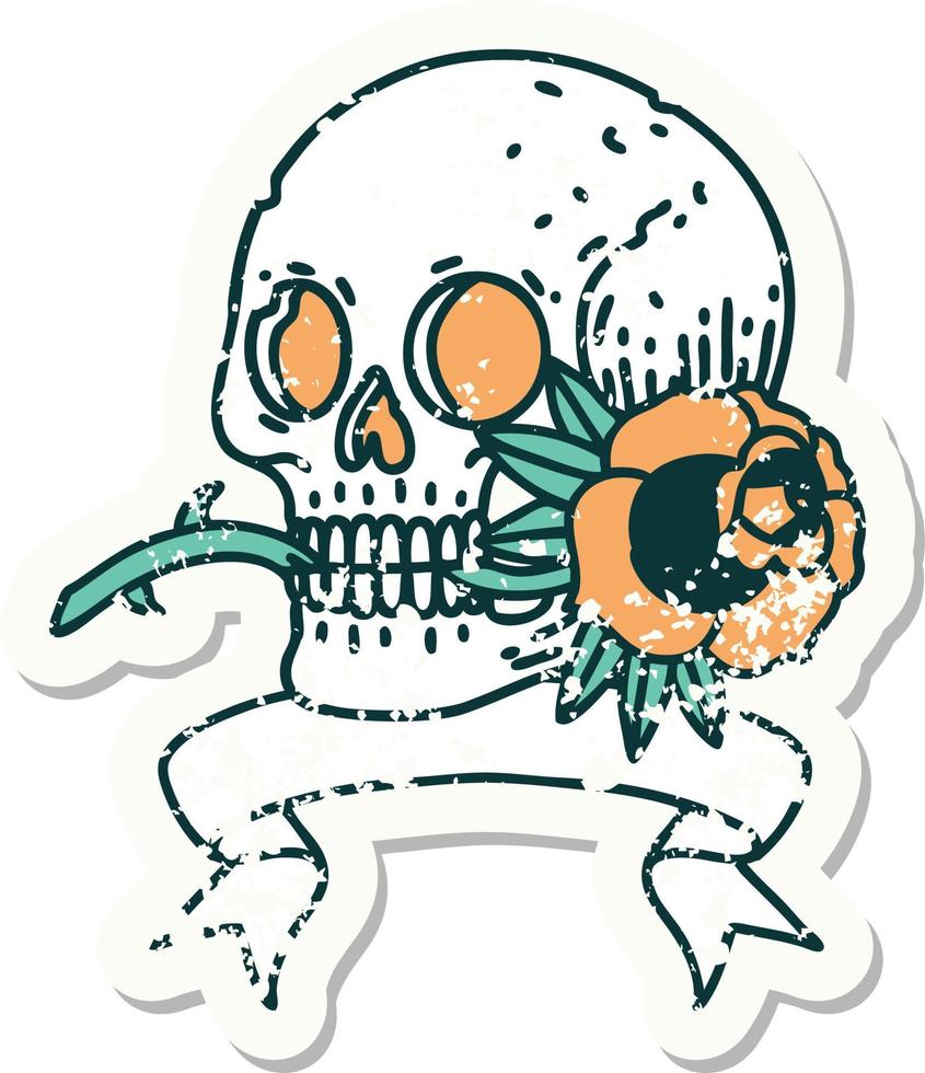 grunge sticker met banier van een schedel en roos vector