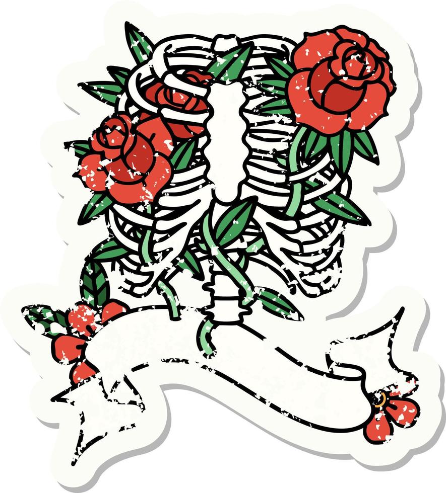 grunge sticker met banier van een rib kooi en bloemen vector