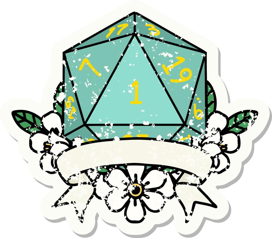 natuurlijk een d20 Dobbelsteen rollen grunge sticker vector