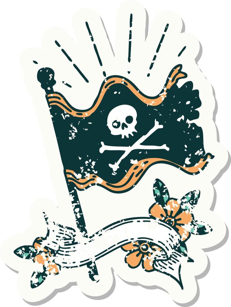 grunge sticker van tatoeëren stijl golvend piraat vlag vector