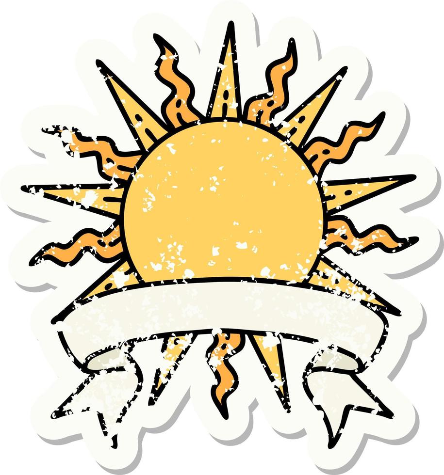 grunge sticker met banier van een zon vector