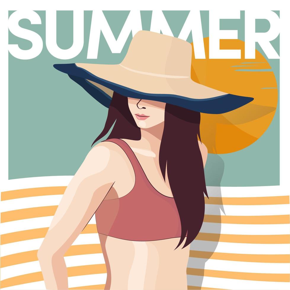 vrouw in zwembroek met hoed bij zonsondergang zomer vector