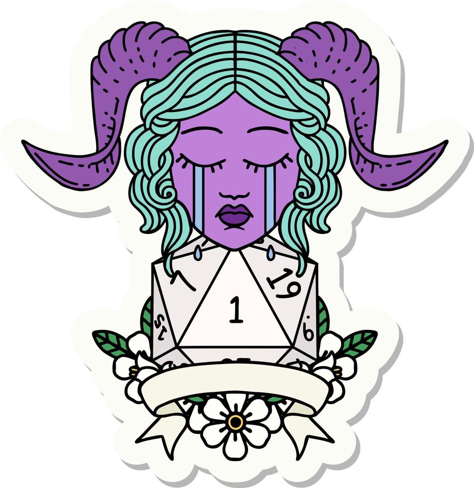 huilen tiefling gezicht met natuurlijk 1 d20 Dobbelsteen sticker vector