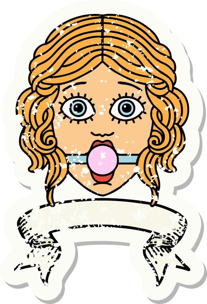 grunge sticker met banier van vrouw gezicht met bal grap vector