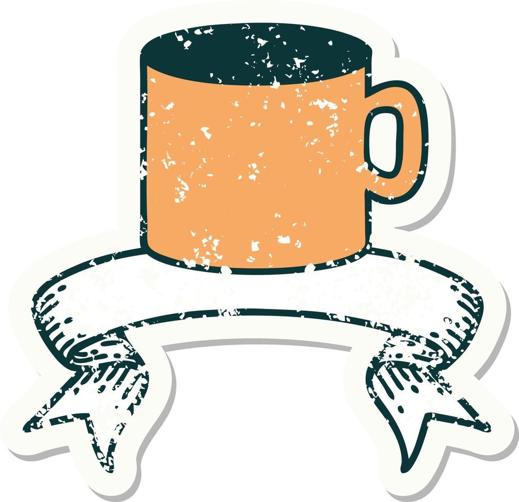 grunge sticker met banier van kop van koffie vector